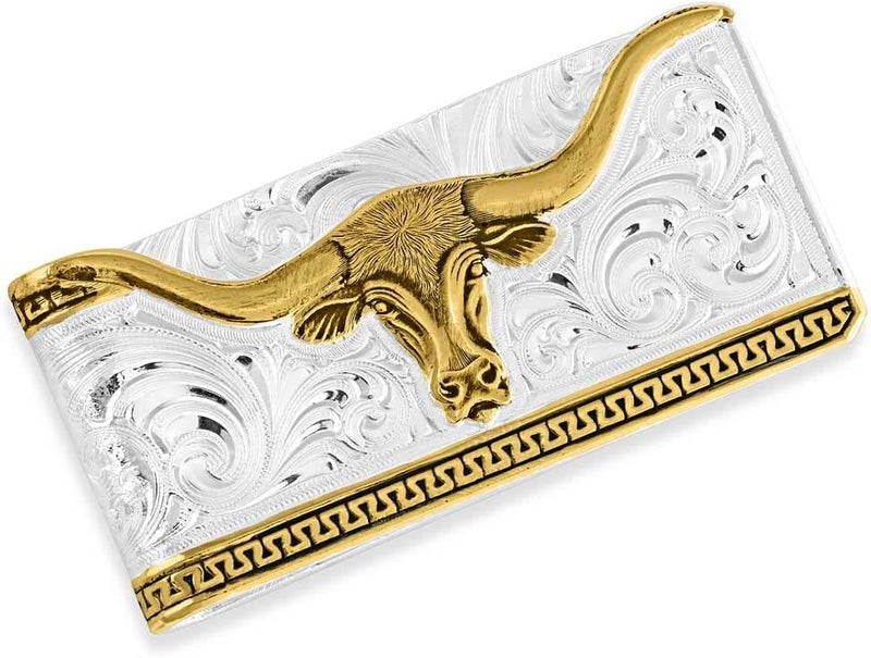 Montana Silversmiths مشبك نقود بأسلوب الحياة الغربي مصنوع في الولايات المتحدة الأمريكية (قرن طويل منحوت بلونين) - Image 1